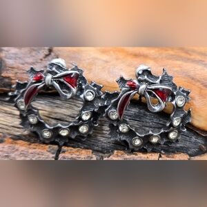 AS Silver Tone Earrings Christmas Wreath w/ Clear Crystals & Red Enamel Bow 🎄